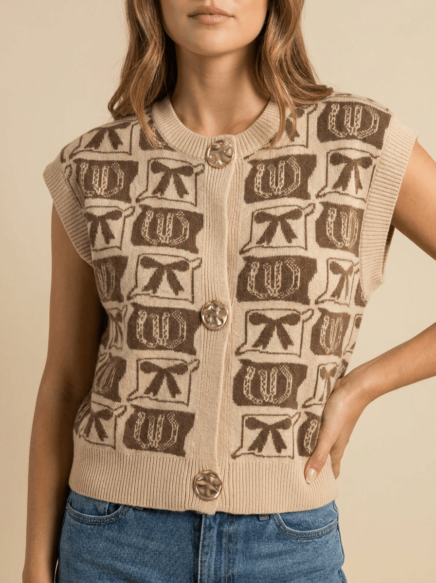 Sweater Vest Women Patterned Button Up Knit Sleeveless Preppy Top — Kharites Shop - Kharites