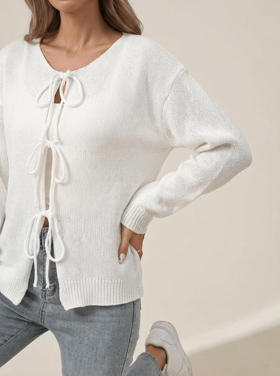 Tie Front Cardigan Women Ribbed Long Sleeve Knit Sweater With Pockets — Kharites Shop - Kharites