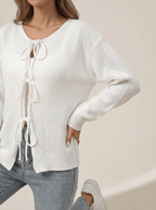 Tie Front Cardigan Women Ribbed Long Sleeve Knit Sweater With Pockets — Kharites Shop - Kharites