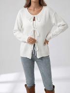 Tie Front Cardigan Women Ribbed Long Sleeve Knit Sweater With Pockets — Kharites Shop - Kharites