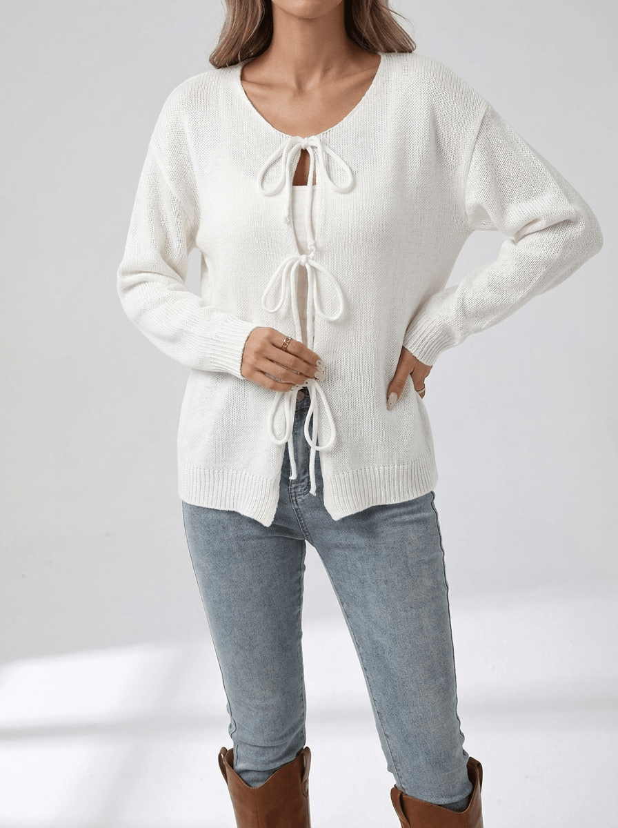 Tie Front Cardigan Women Ribbed Long Sleeve Knit Sweater With Pockets — Kharites Shop - Kharites