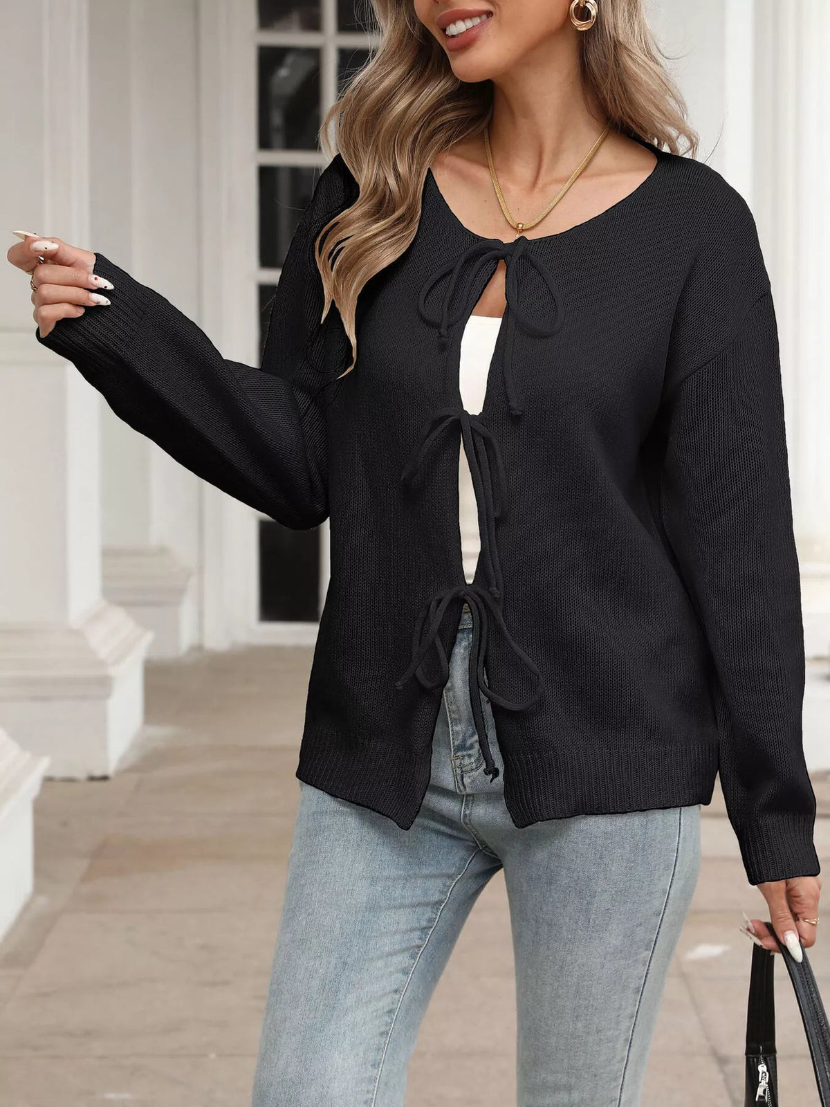 Tie Front Cardigan Women Ribbed Long Sleeve Knit Sweater With Pockets — Kharites Shop - Kharites