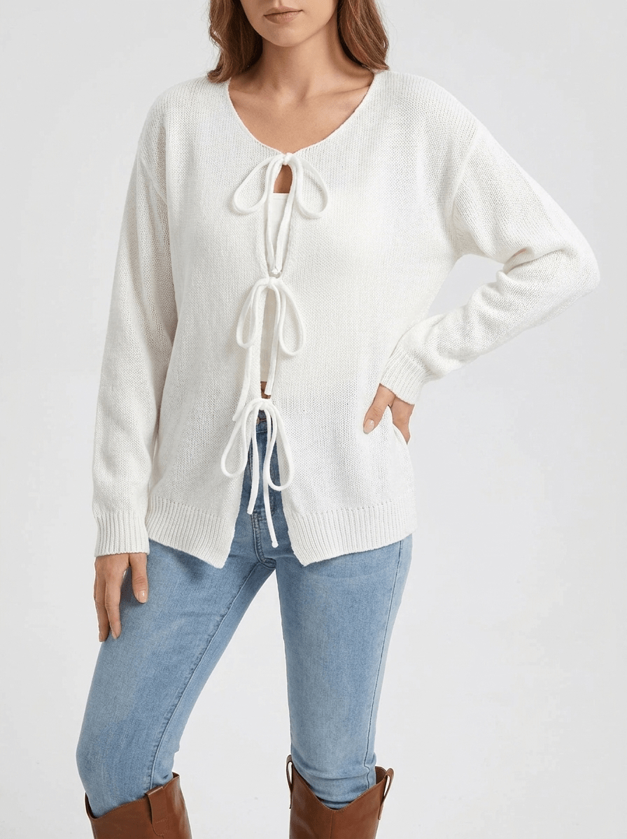 Tie Front Cardigan Women Ribbed Long Sleeve Knit Sweater With Pockets — Kharites Shop - Kharites