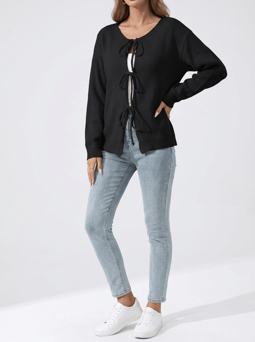 Tie Front Cardigan Women Ribbed Long Sleeve Knit Sweater With Pockets — Kharites Shop - Kharites