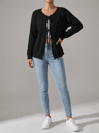 Tie Front Cardigan Women Ribbed Long Sleeve Knit Sweater With Pockets — Kharites Shop - Kharites