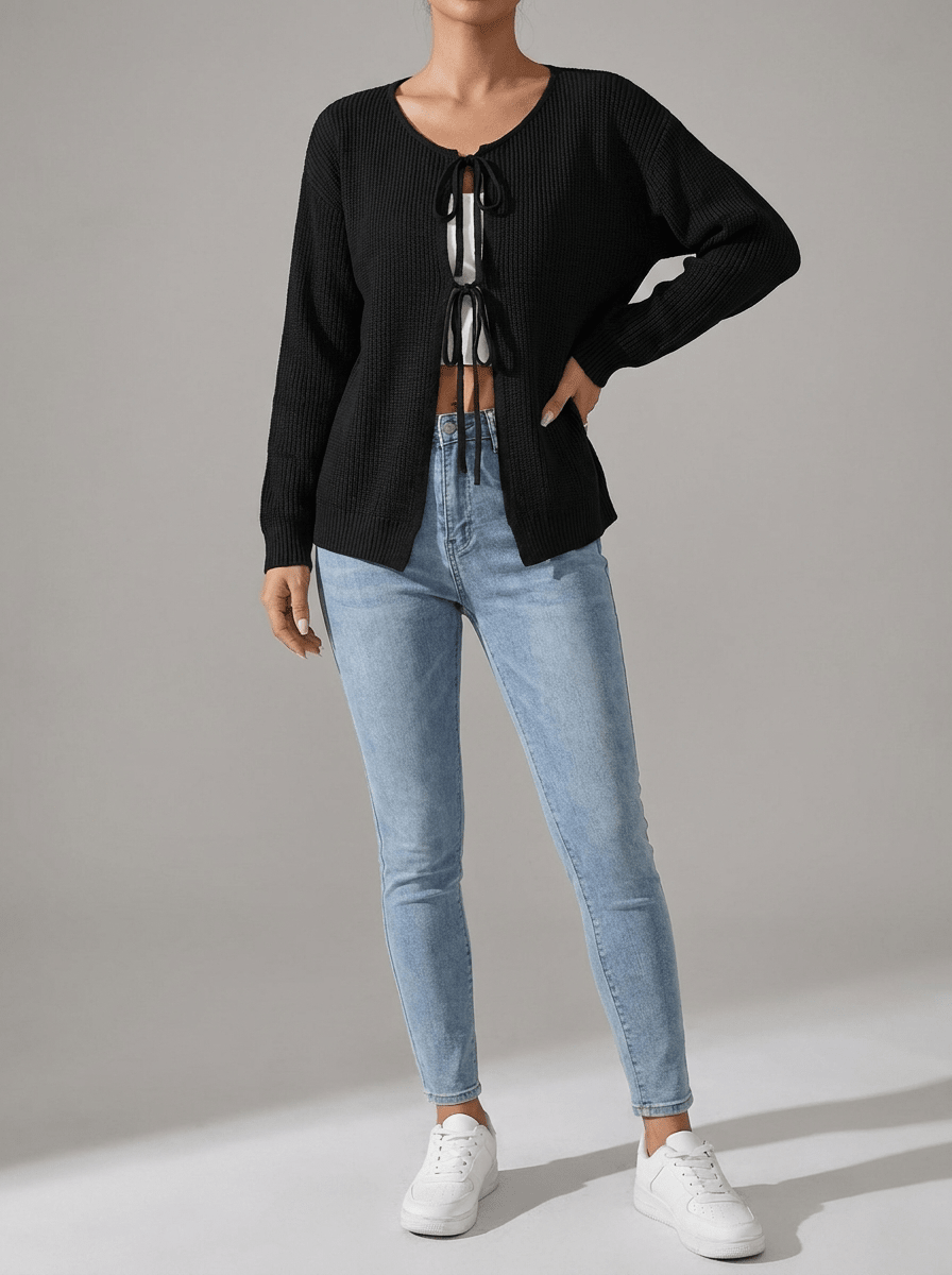 Tie Front Cardigan Women Ribbed Long Sleeve Knit Sweater With Pockets — Kharites Shop - Kharites