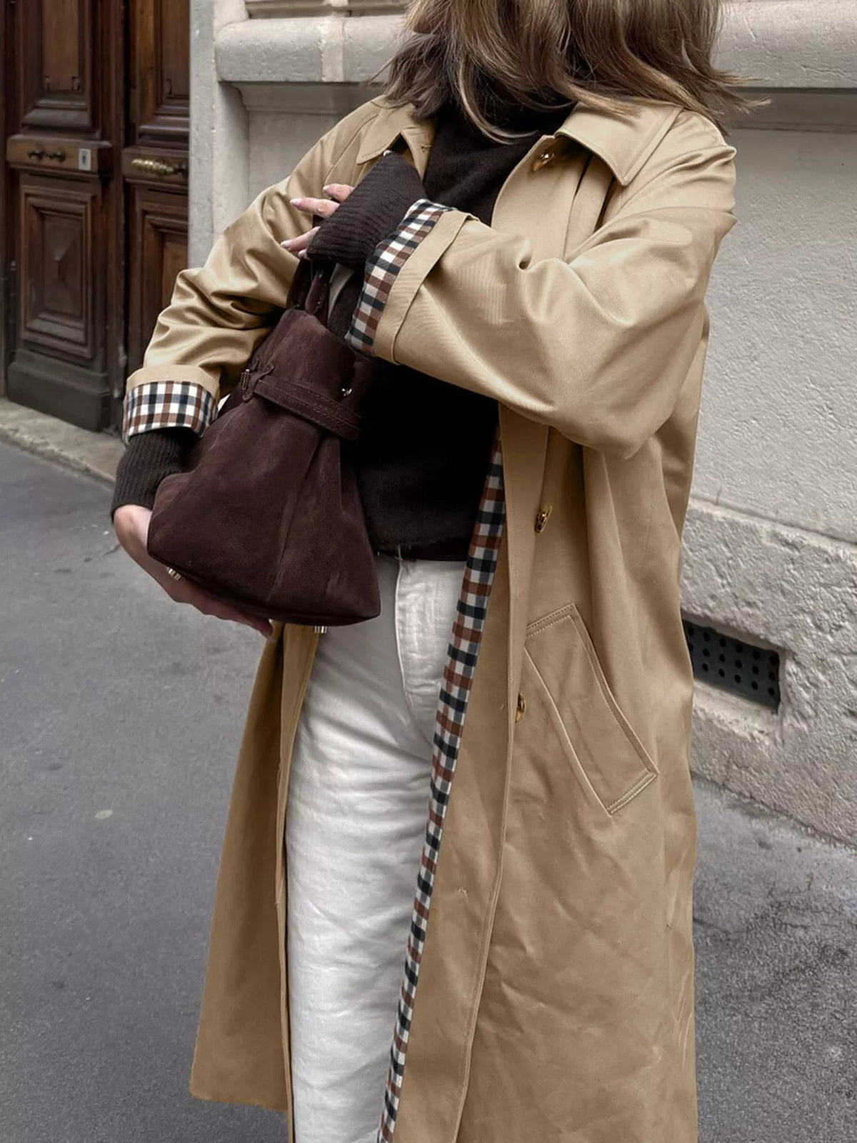 Trench Coat Women Button Up Checkered Lining Long Jacket Classic Overcoat — Kharites Shop - Kharites