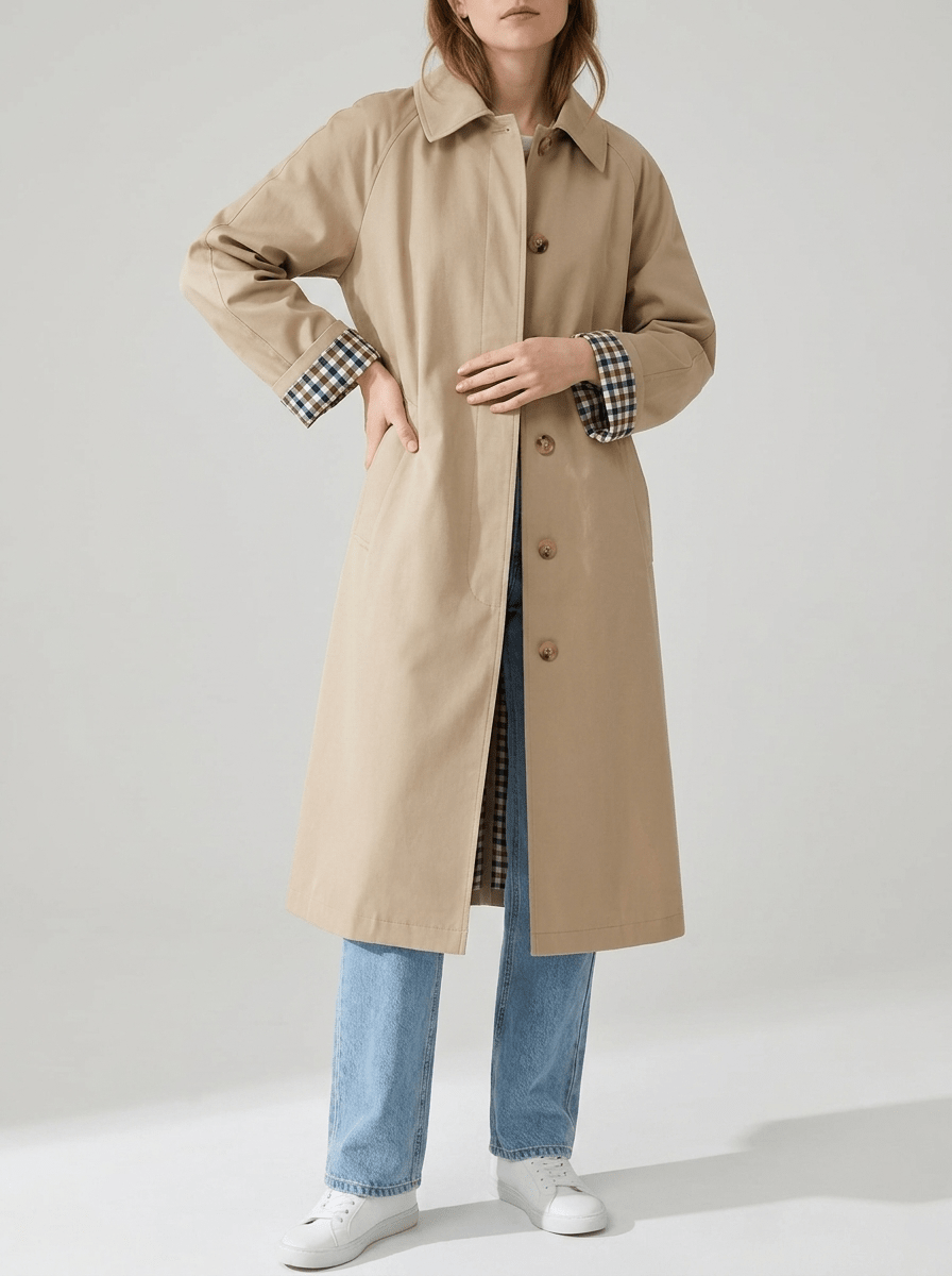 Trench Coat Women Button Up Checkered Lining Long Jacket Classic Overcoat — Kharites Shop - Kharites