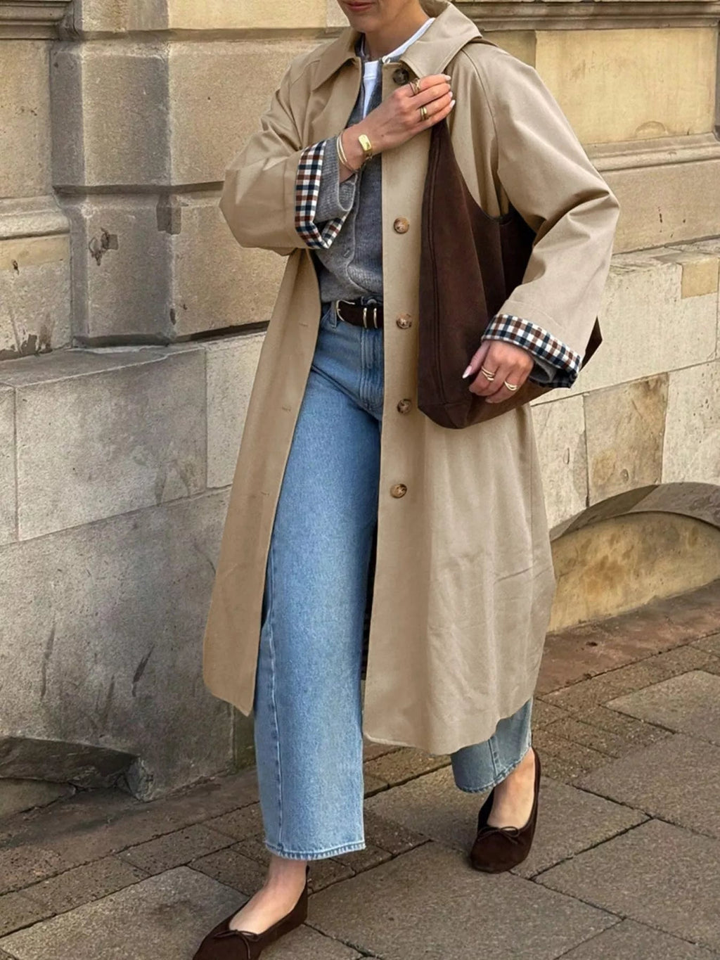 Trench Coat Women Button Up Checkered Lining Long Jacket Classic Overcoat — Kharites Shop - Kharites
