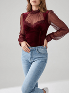 Velvet Blouse Women Lace Trim Sheer Sleeve Ruffle Going Out Top — Kharites Shop - Kharites
