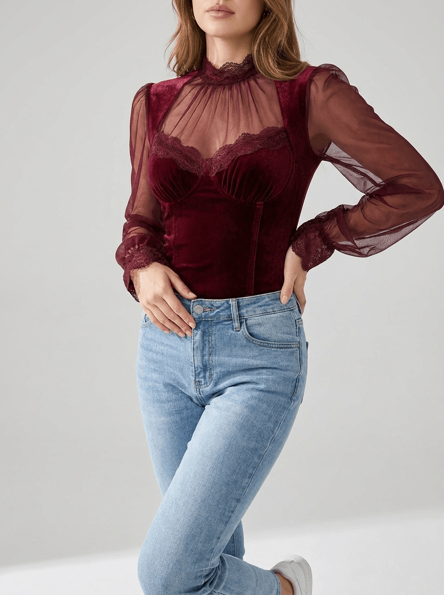 Velvet Blouse Women Lace Trim Sheer Sleeve Ruffle Going Out Top — Kharites Shop - Kharites