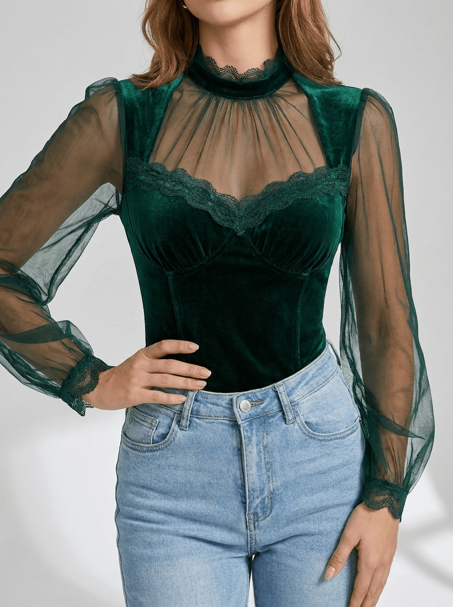 Velvet Blouse Women Lace Trim Sheer Sleeve Ruffle Going Out Top — Kharites Shop - Kharites
