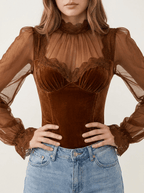 Velvet Blouse Women Lace Trim Sheer Sleeve Ruffle Going Out Top — Kharites Shop - Kharites