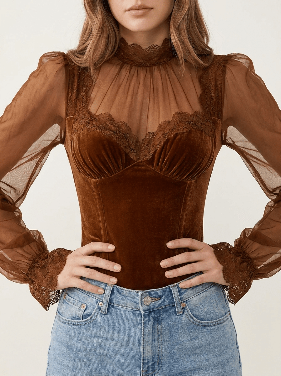 Velvet Blouse Women Lace Trim Sheer Sleeve Ruffle Going Out Top — Kharites Shop - Kharites