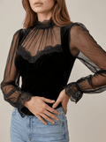 Velvet Blouse Women Lace Trim Sheer Sleeve Ruffle Going Out Top — Kharites Shop - Kharites