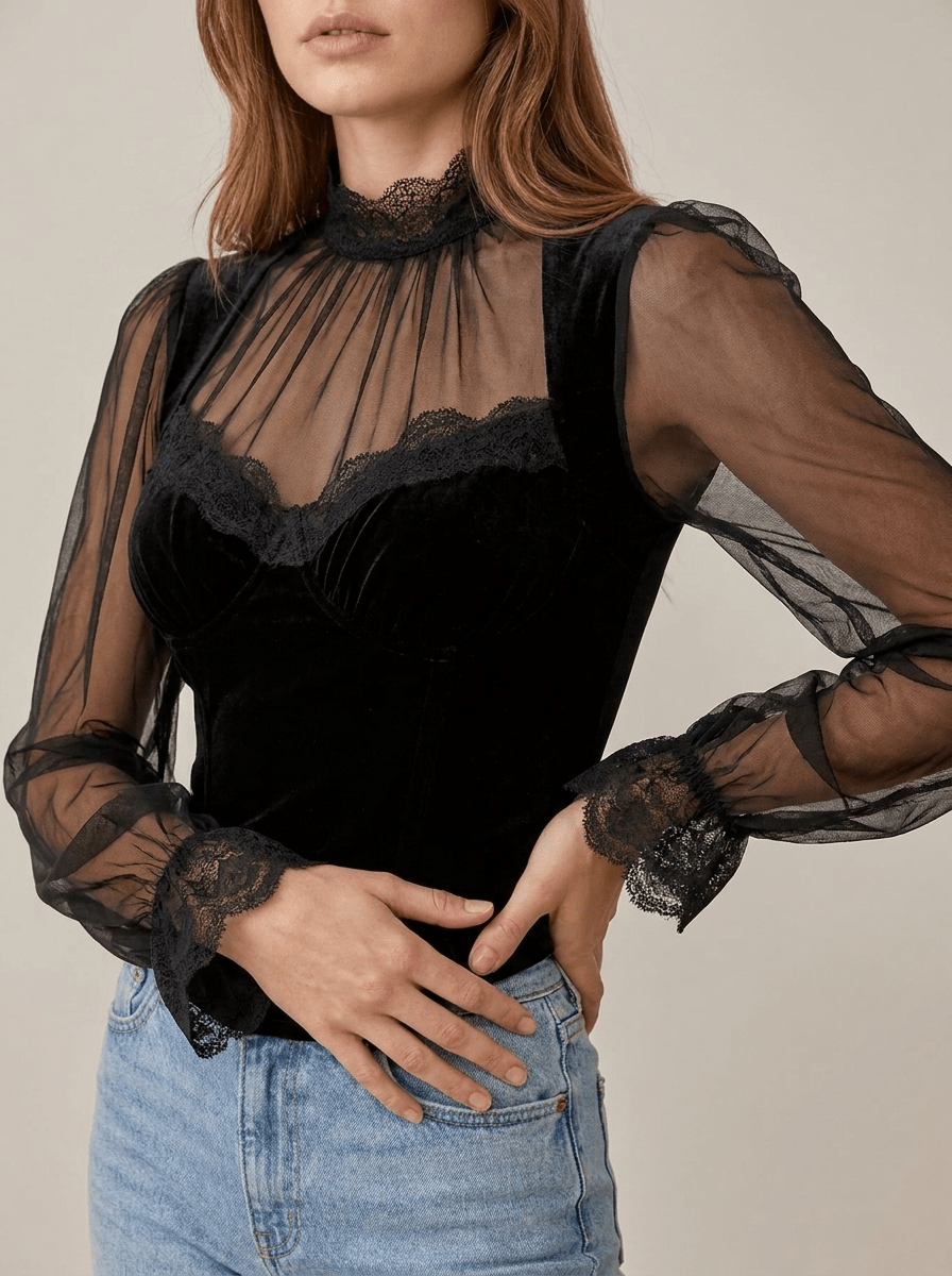 Velvet Blouse Women Lace Trim Sheer Sleeve Ruffle Going Out Top — Kharites Shop - Kharites
