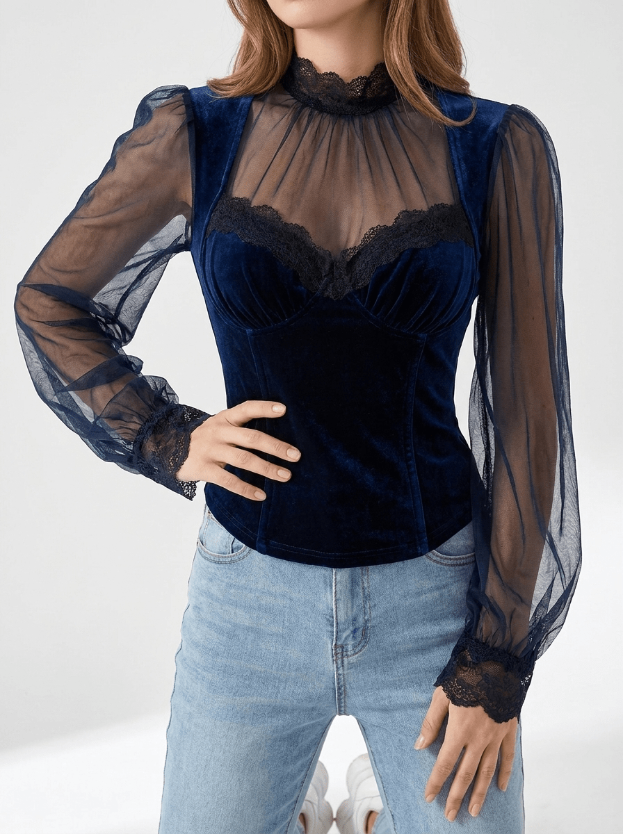 Velvet Blouse Women Lace Trim Sheer Sleeve Ruffle Going Out Top — Kharites Shop - Kharites