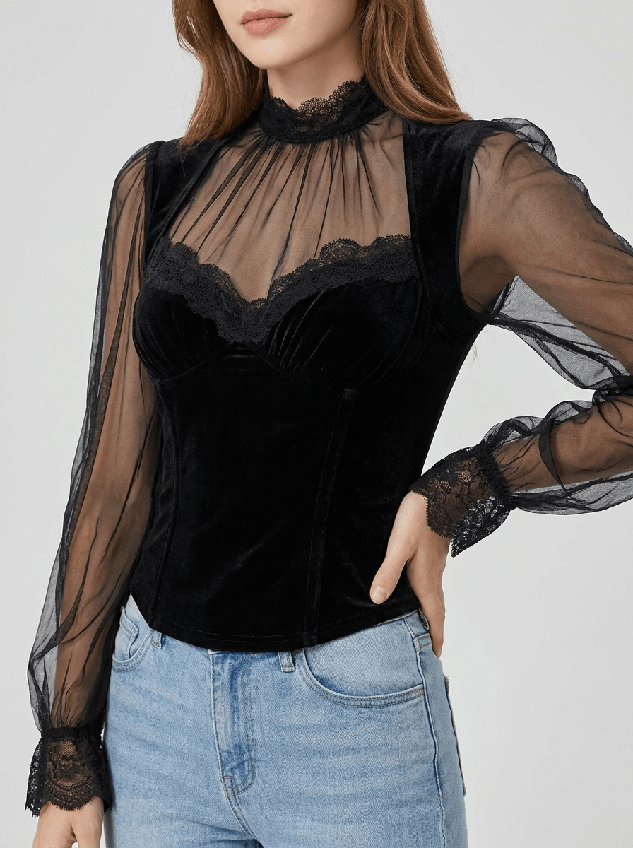 Velvet Blouse Women Lace Trim Sheer Sleeve Ruffle Going Out Top — Kharites Shop - Kharites