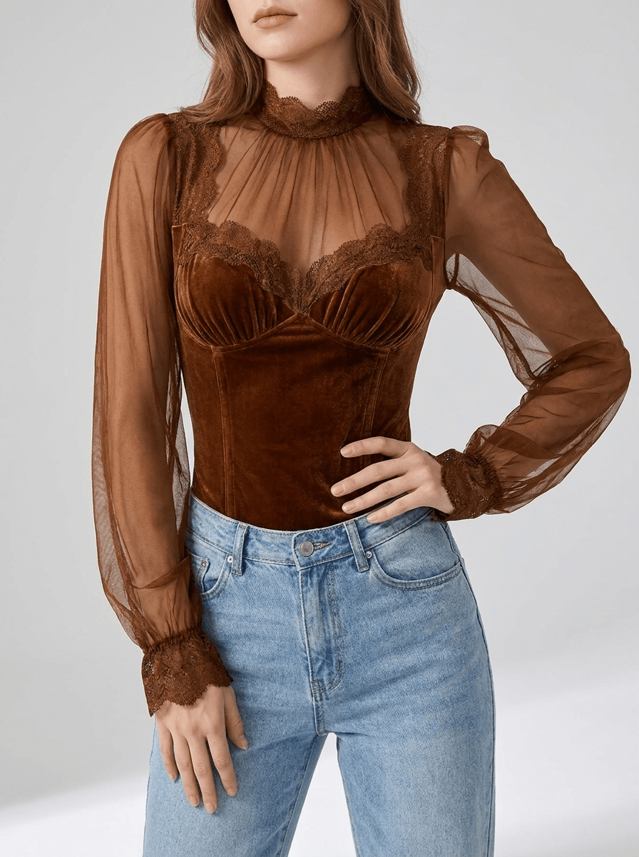 Velvet Blouse Women Lace Trim Sheer Sleeve Ruffle Going Out Top — Kharites Shop - Kharites