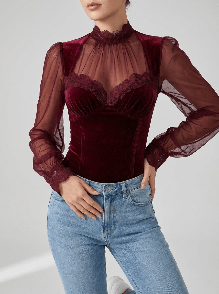 Velvet Blouse Women Lace Trim Sheer Sleeve Ruffle Going Out Top — Kharites Shop - Kharites