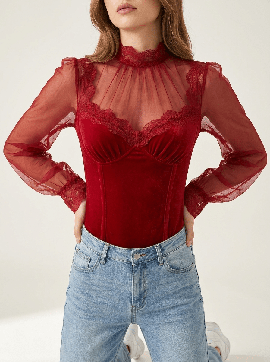 Velvet Blouse Women Lace Trim Sheer Sleeve Ruffle Going Out Top — Kharites Shop - Kharites