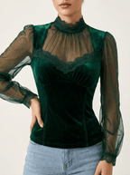 Velvet Blouse Women Lace Trim Sheer Sleeve Ruffle Going Out Top — Kharites Shop - Kharites