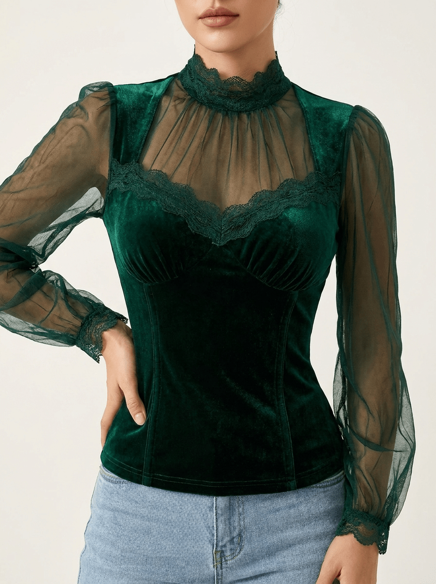 Velvet Blouse Women Lace Trim Sheer Sleeve Ruffle Going Out Top — Kharites Shop - Kharites