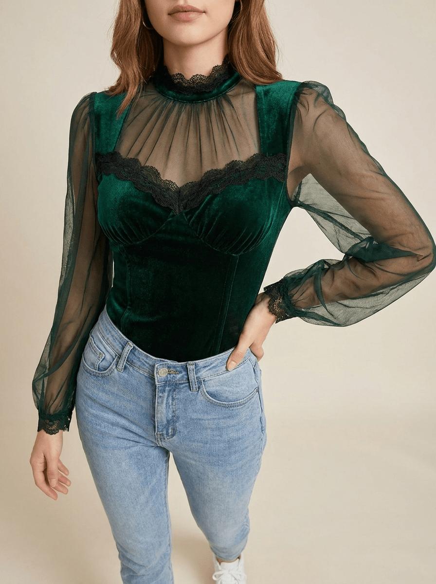 Velvet Blouse Women Lace Trim Sheer Sleeve Ruffle Going Out Top — Kharites Shop - Kharites