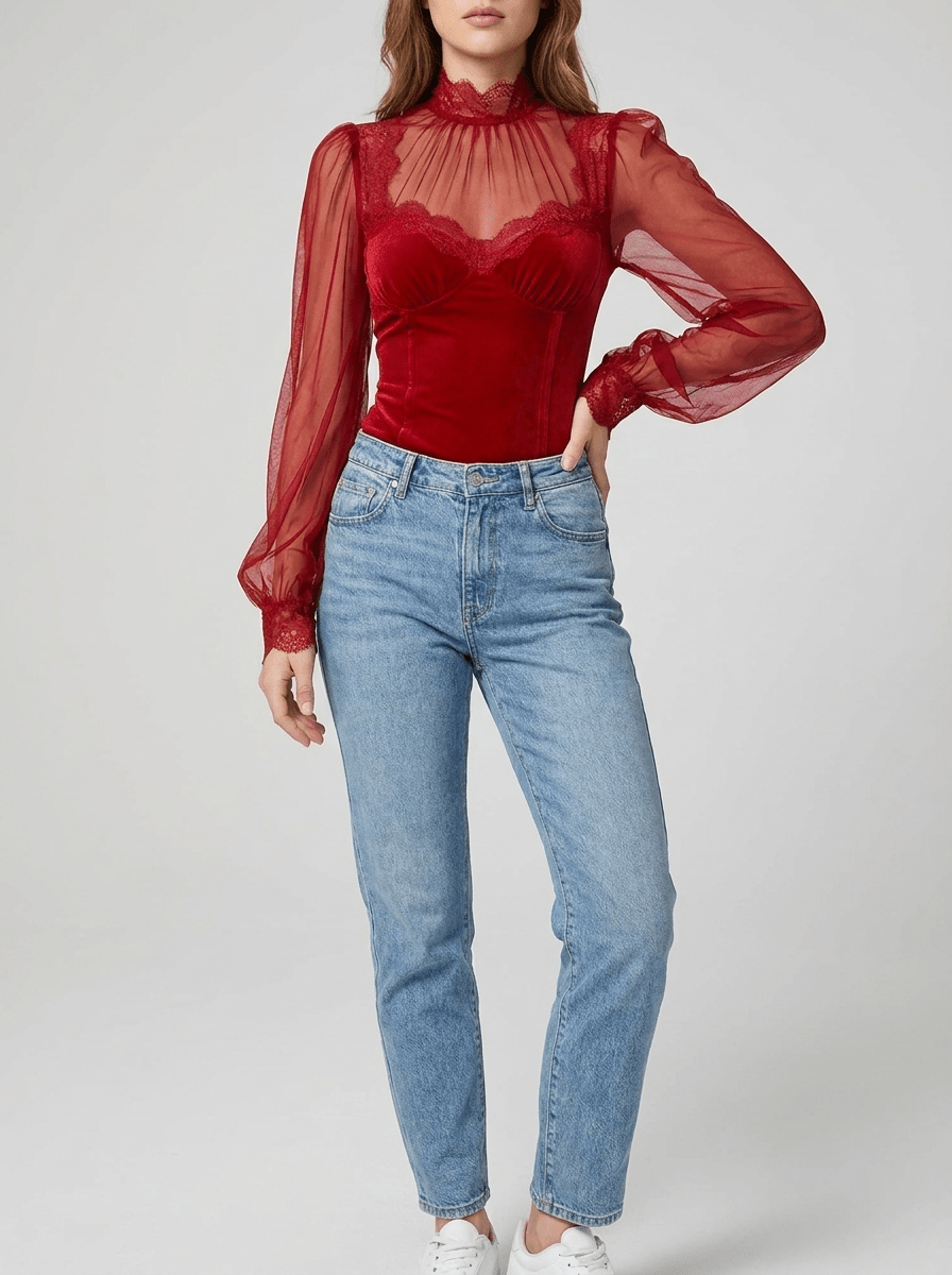 Velvet Blouse Women Lace Trim Sheer Sleeve Ruffle Going Out Top — Kharites Shop - Kharites
