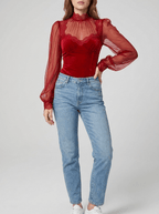 Velvet Blouse Women Lace Trim Sheer Sleeve Ruffle Going Out Top — Kharites Shop - Kharites