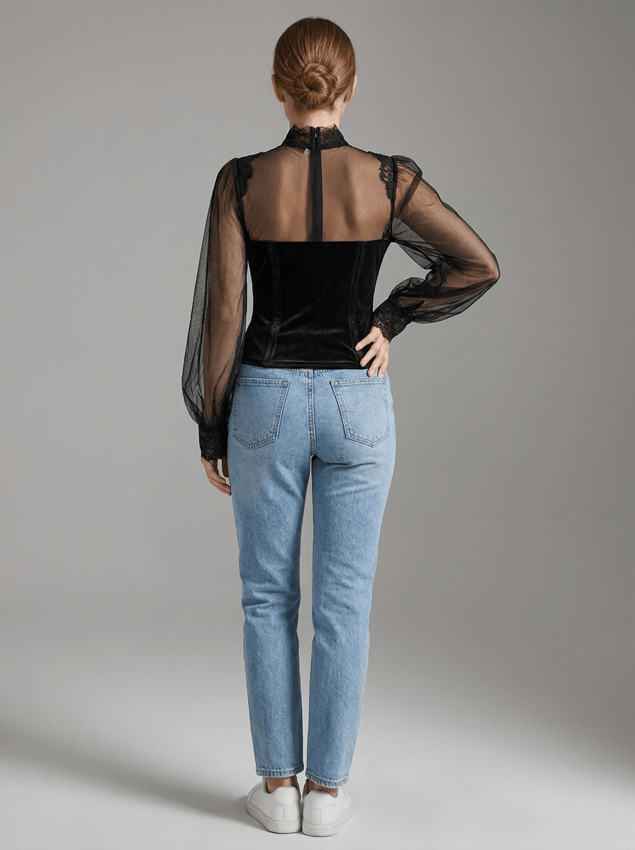 Velvet Blouse Women Lace Trim Sheer Sleeve Ruffle Going Out Top — Kharites Shop - Kharites