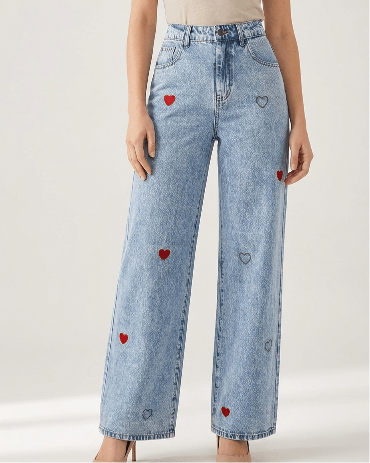 Wide Leg Jeans Women Embroidered Heart High Waisted Denim With Pockets — Kharites Shop - Kharites