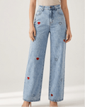 Wide Leg Jeans Women Embroidered Heart High Waisted Denim With Pockets — Kharites Shop - Kharites