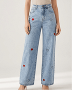 Wide Leg Jeans Women Embroidered Heart High Waisted Denim With Pockets — Kharites Shop - Kharites