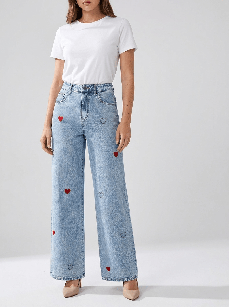 Wide Leg Jeans Women Embroidered Heart High Waisted Denim With Pockets — Kharites Shop - Kharites