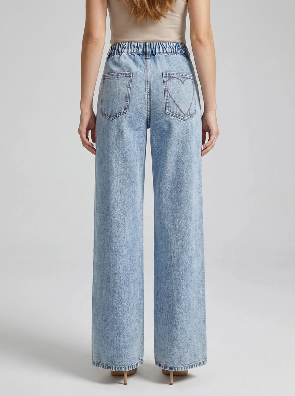 Wide Leg Jeans Women Embroidered Heart High Waisted Denim With Pockets — Kharites Shop - Kharites