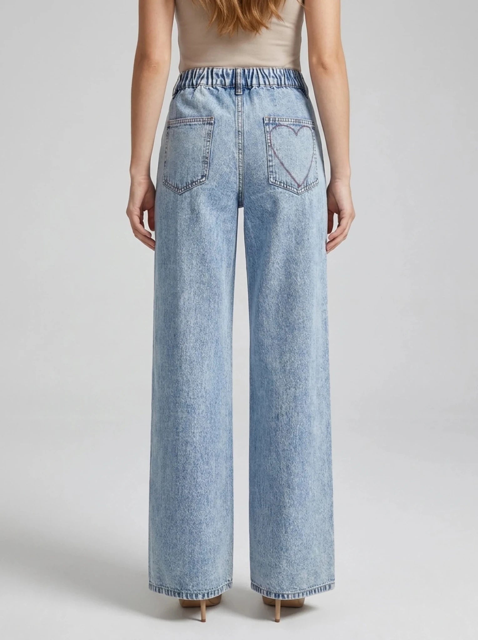 Wide Leg Jeans Women Embroidered Heart High Waisted Denim With Pockets — Kharites Shop - Kharites