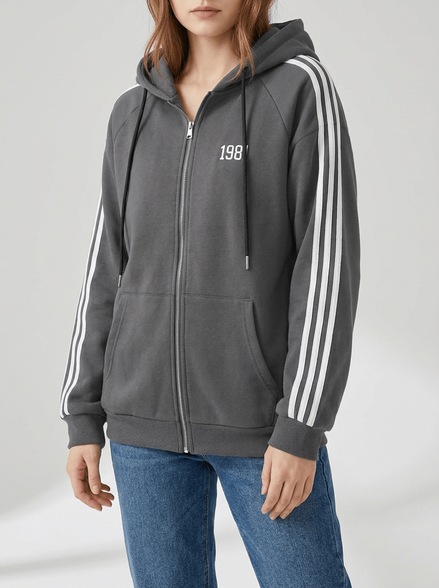 Zip Up Hoodie Women Striped Sleeve Drawstring Casual Jacket With Pockets — Kharites Shop - Kharites